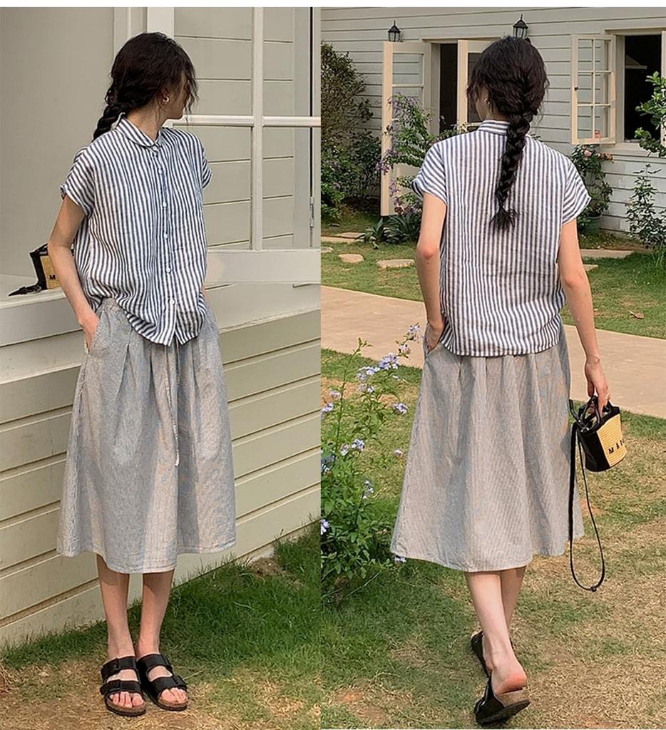Short Sleeve Plain Gauze L Striped [BdeSYT] Women's Shirt, Top, T-Shirt, 100% Cotton, Blouse, Simple, Breathable, Thin, Soft, Comfortable, Casual,