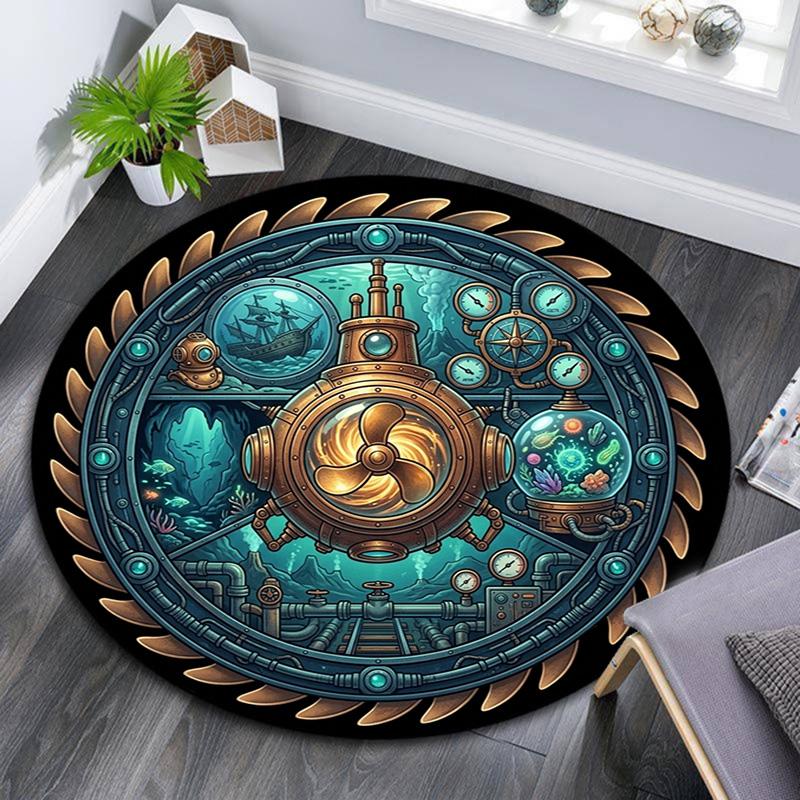 Steampunk Submarine Adventure Round Area Rug Under Office Chairs Bedroom Living Room Home Decor