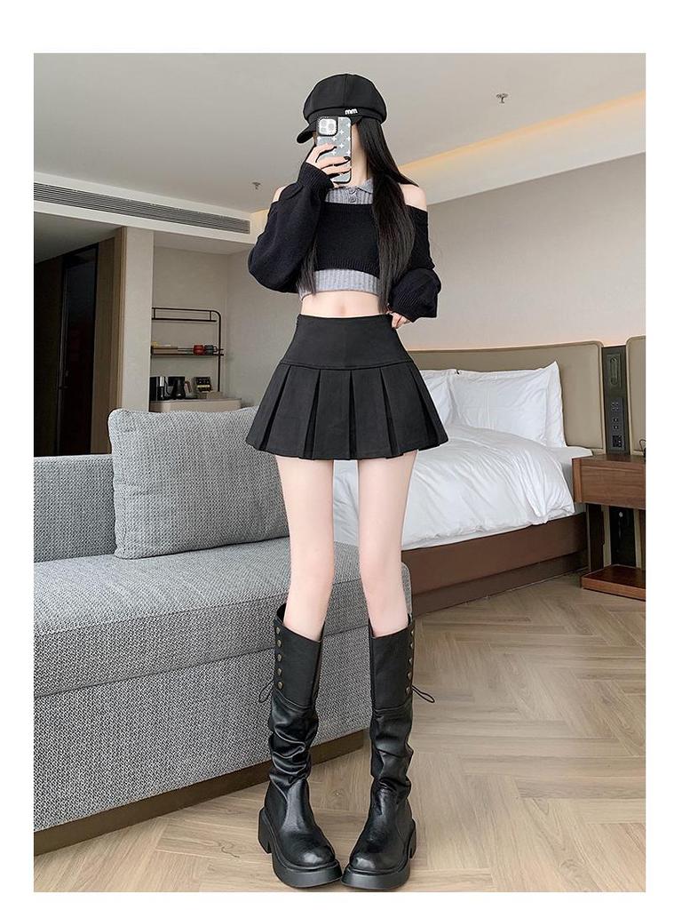 Women's High Waist Suede Pleated A-line Skort - Autumn/Winter Casual Slimming Leather-Look Anti-Exposure Design
