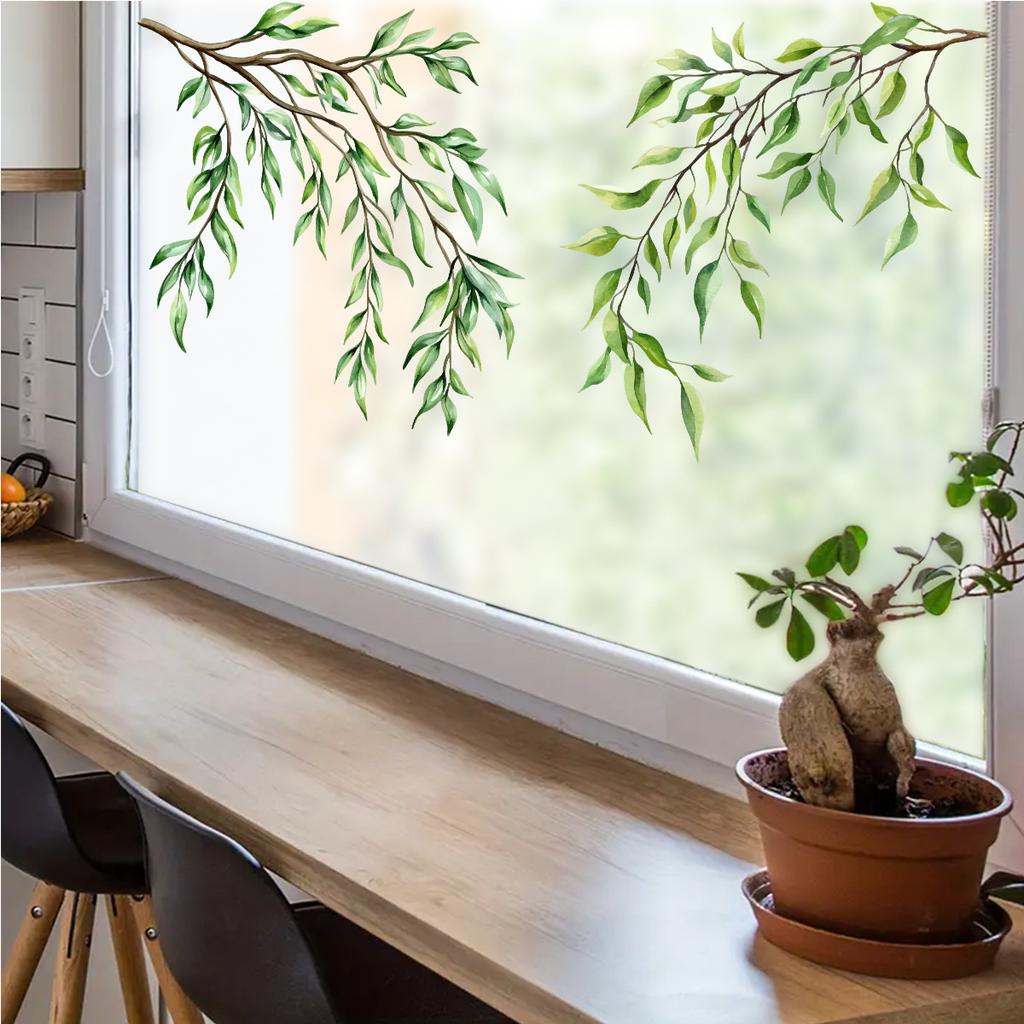 Eclectic Green Leaf Window Stickers for Waterproof Kitchen and Bathroom Glass, Presenting A Refreshing and Modern Look.