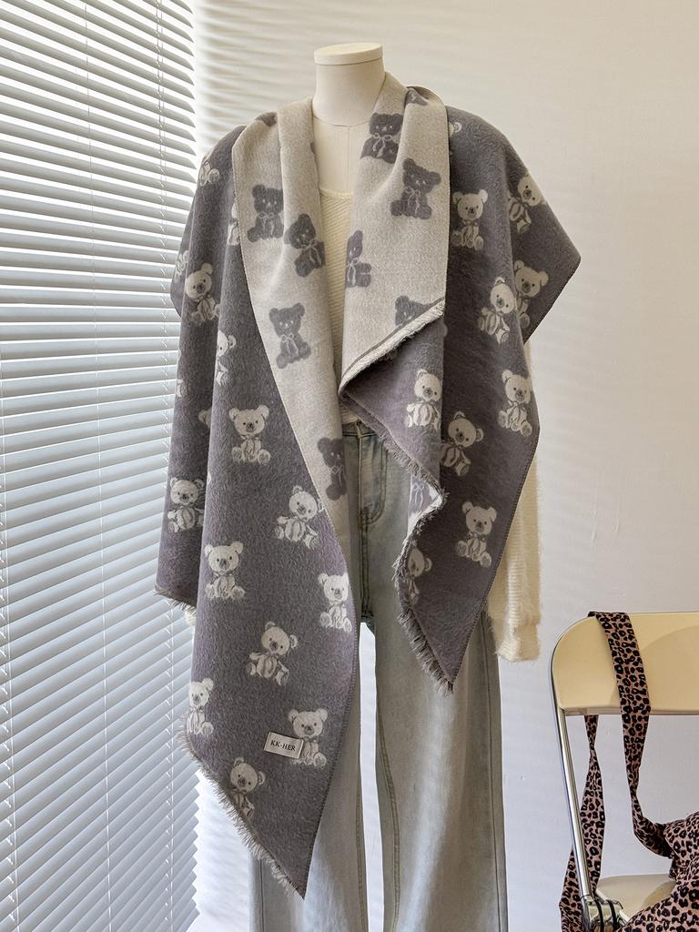 Women's Luxury Faux Cashmere Shawl Cute Teddy Bear Print Winter Wrap with Tassels Pashmina Bandana Style for 