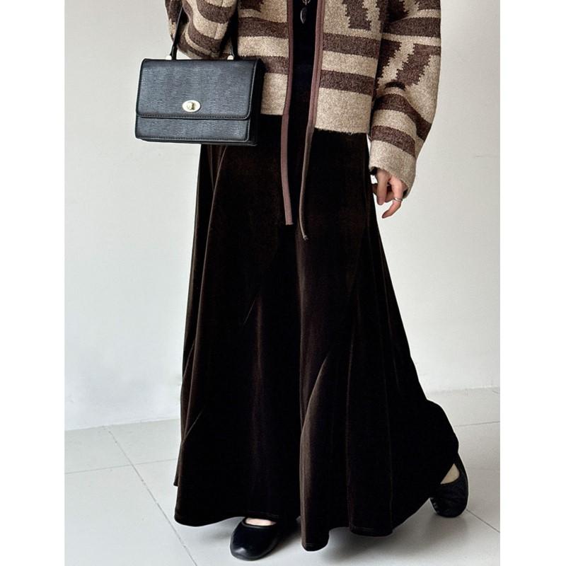 Johnature Fustă plisată de catifea în stil coreean pentru femei, toamnă, casual, universală, largă, cu talie înaltă, fuste lungi