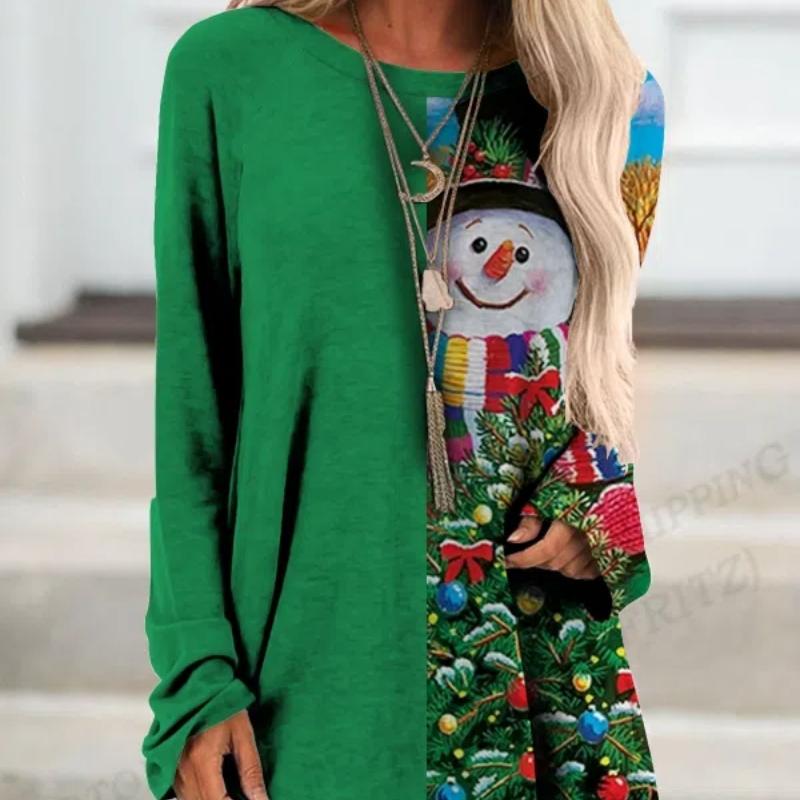 

Веселая рождественская футболка Снеговик Футболка 3D Футболка с длинным рукавом Женская футболка Длинная футболка Женская туника Топы Футболки Женская осень XL