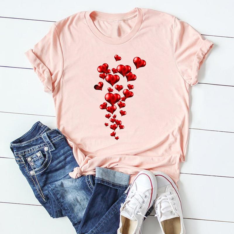 (Asian Size) Tee Top Clothing Casual Love Heart Valentine Short Sleeve Fashion Tshirt 90s Women Print Summer Lady Female Graphic T-shirt