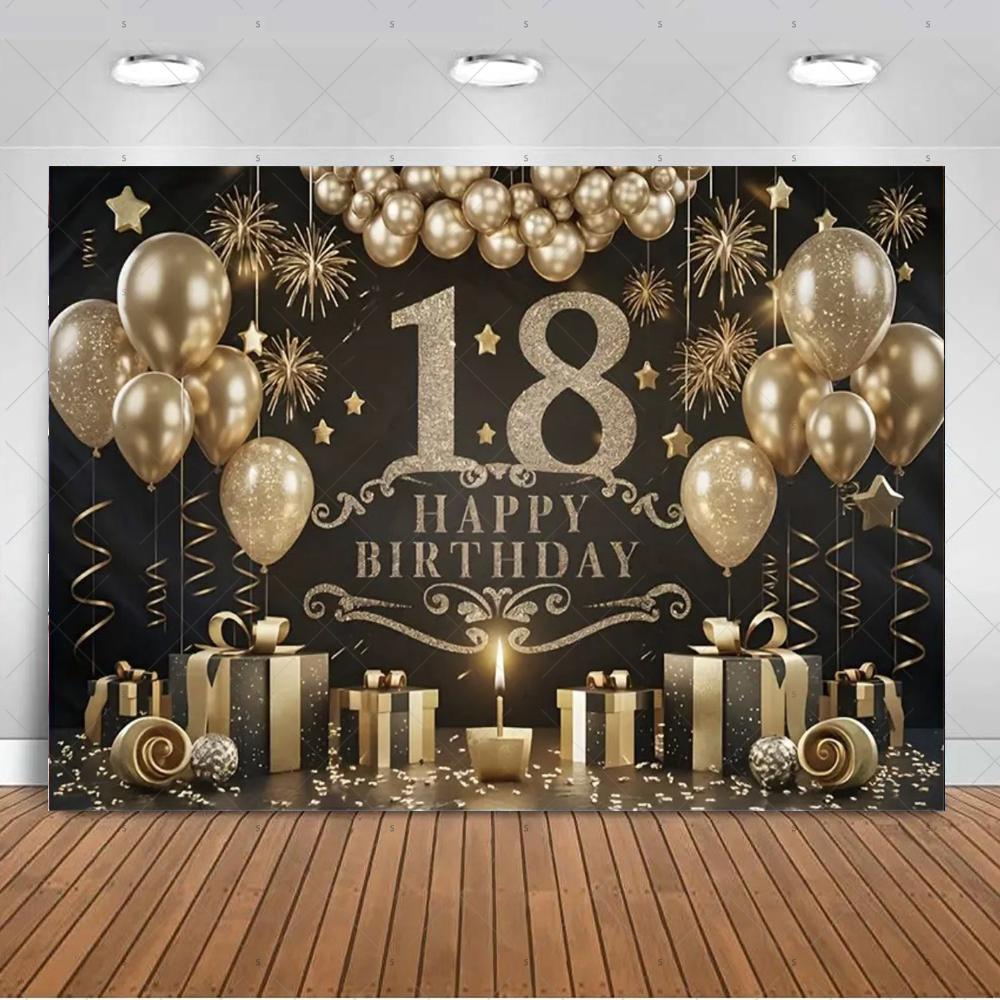 18th  Birthday Partys Decoration Backgound Black Gold Glitter Balloon Banner Women Men Boys Girls Bar Mitzvah Photography Props