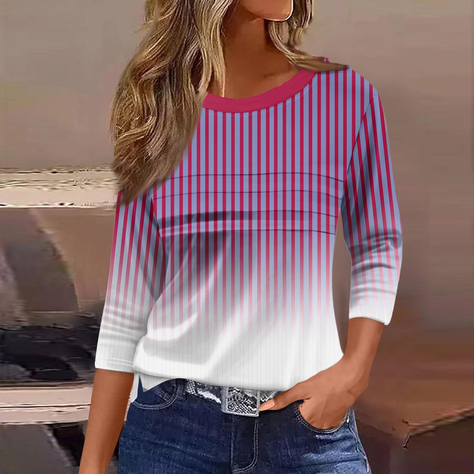 

Женская мода повседневный свободный топ с рукавом 3/4 в полоску с круглым вырезом XL фиолетовый