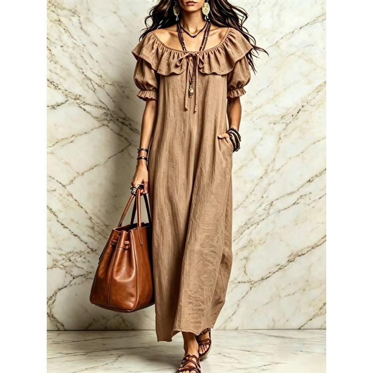 Women Off Shoulder Ruffle Tie Waist Bubble Sleeve Midi Dress