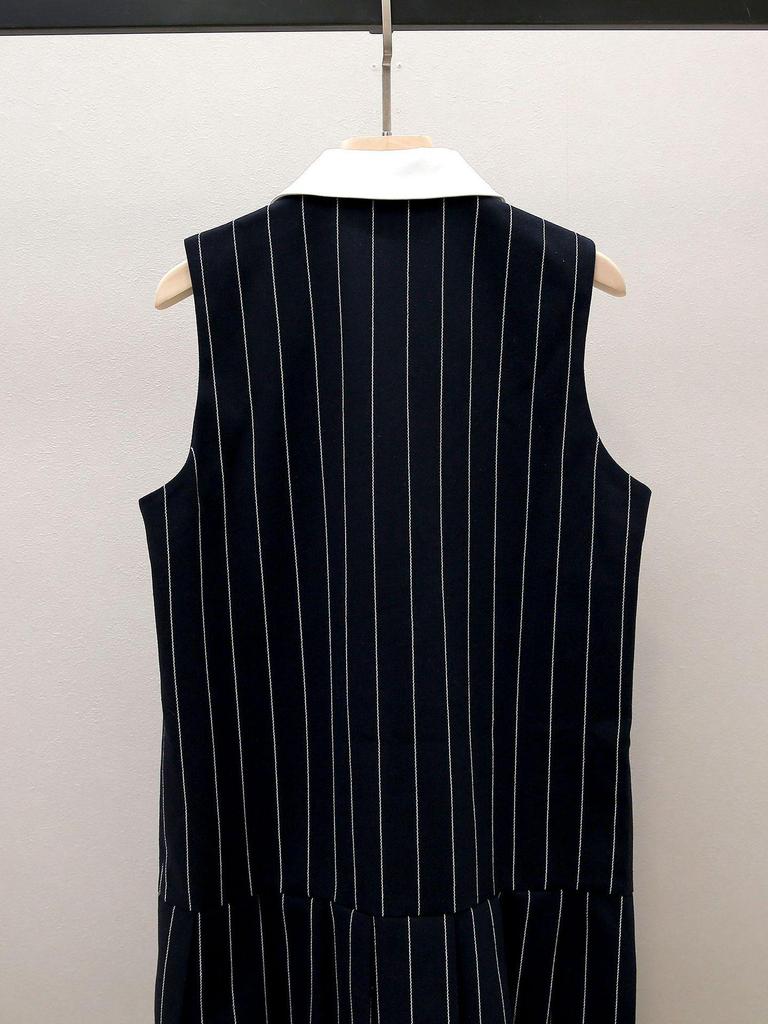 Autumn French Commuter Striped Sleeveless Pleated Dress with Turn-Down Collar