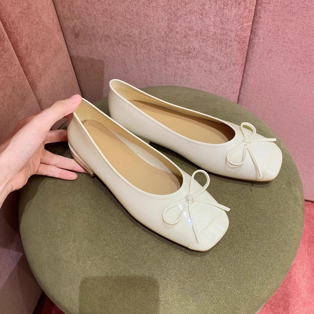 Cowhide Sweet Temperament Versatile Bow Square Head Thick Heel Ballet Style Leather Single Shoes Women