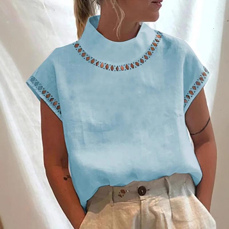 Women's Solid Color Hollow Top Casual Turtleneck Breathable Shirt
