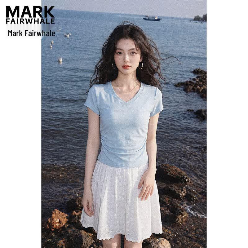 MARK FAIRWHALE Women s V-Neck Slim Fit Ruched Cropped T-Shirt XL