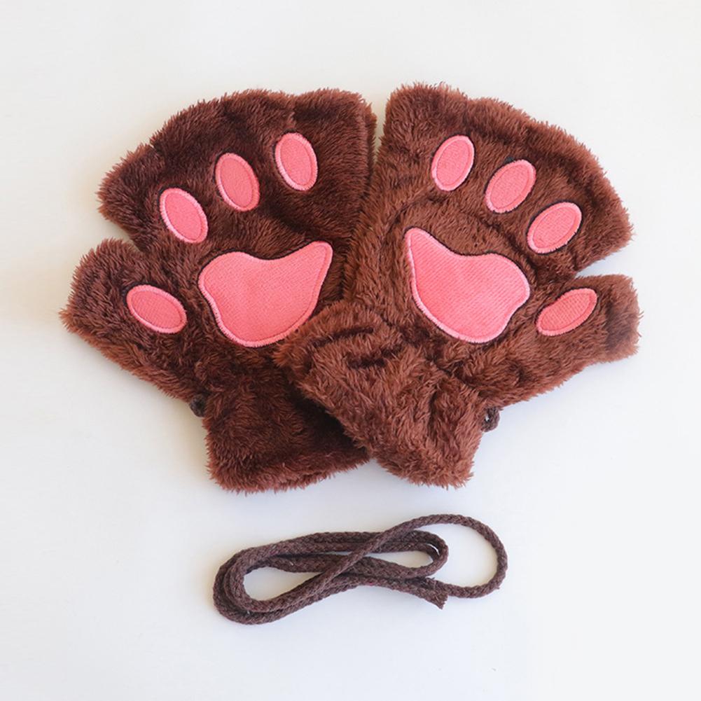 

Милые плюшевые перчатки «кошачья лапка», утолщенные флисовые теплые зимние перчатки с полупальцами, удобные мягкие тканевые перчатки для взрослых и детей коричневый