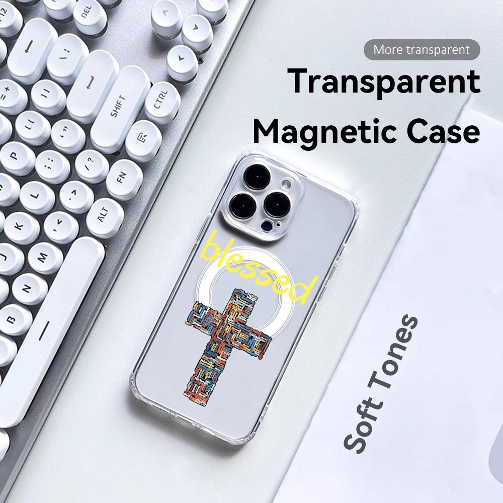 Fashion God Cross Phone Case For iPhone 17 16 15 14 13 12 Pro Max Plus With Magnetic Crystal Clear Case Wireless Charge