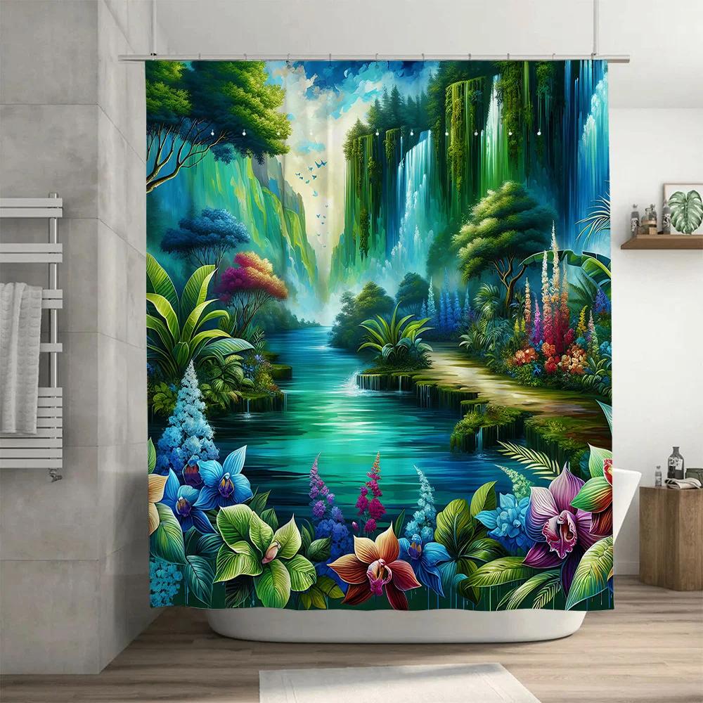 Fantasy Forest Shower Curtain Waterproof Bath Decoration Green Leaves Flowers Print 180x240cm (B36)