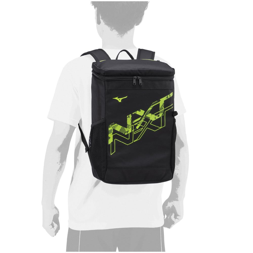 Mizuno N-XT Backpack, 20L, for School, Travel, Excursions, Club Activities, and Sports, Model 33JDC002, Black x Lime, Dimensions: L28 x W14 x H40