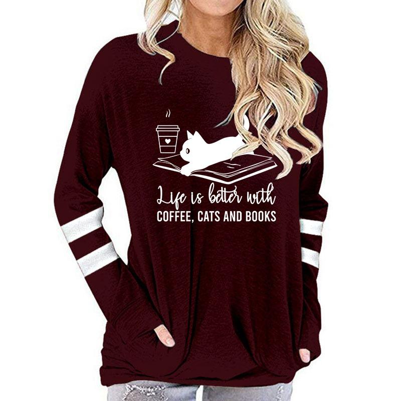 Long Sleeve T-shirt Women Books Lovers Tops Tees Life Is Better with Coffee Cat and Books Print Women Tshirt
