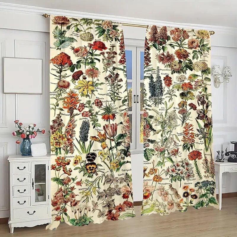 Christmas Decorations Retro Plant Animal Illustration Pattern Printed Curtains Home Decoration Room Curtain Made Of Polyester Washable