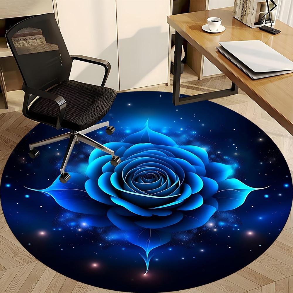 1pc Blue Rose Print Office Round Rug, Carpet for Office, Gaming, Lightweight Round Floor Mat Yy260208002