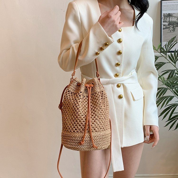 Hollowed-out Handheld Drawstring Style Women's Woven Vintage Fashion Niche Versatile Shoulder Crossbody Bucket Bag