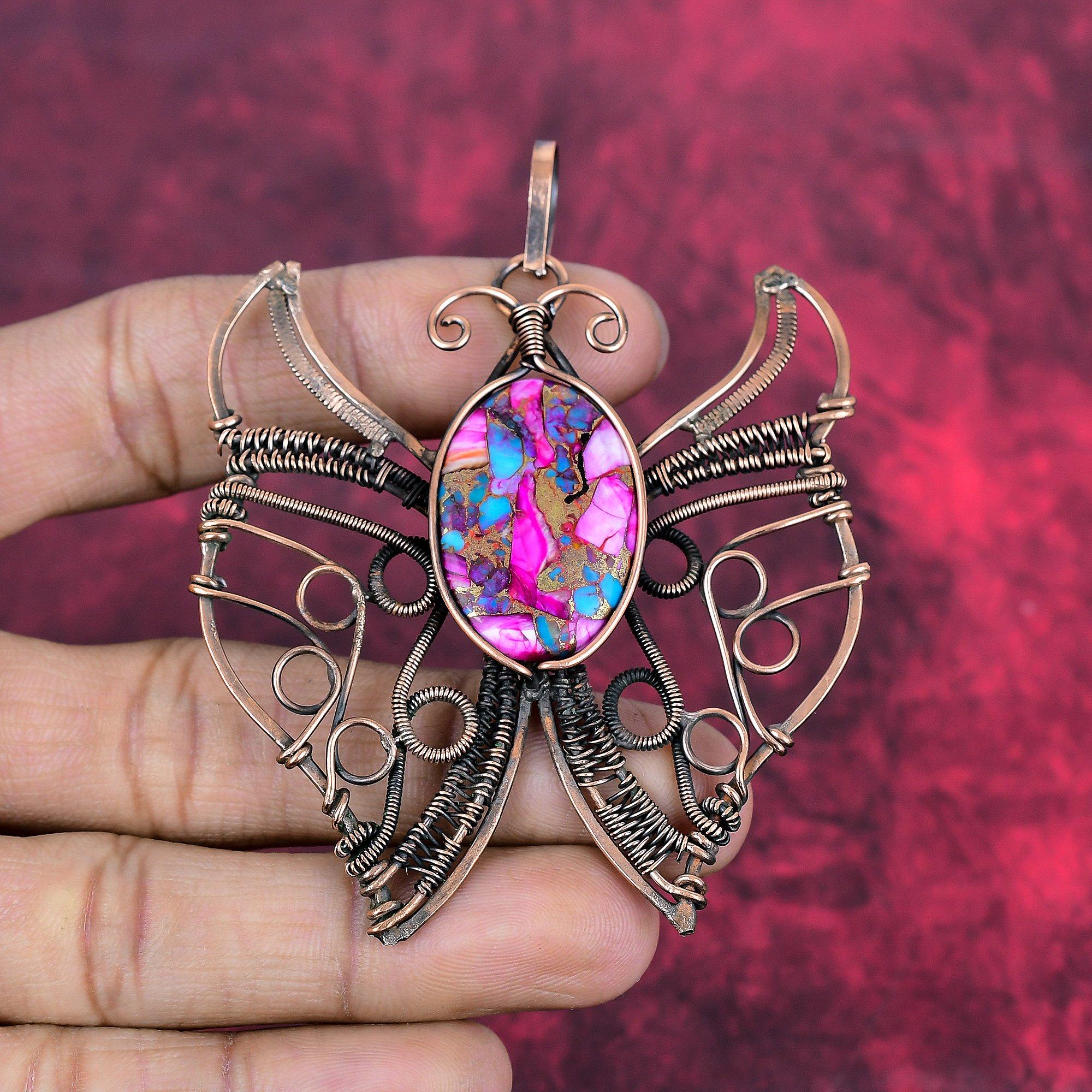 Natural kingman pink dahlia turquoise pendant copper wire wrapped pendant gemstone butterfly pendant gift for mother copper handmade jewelry