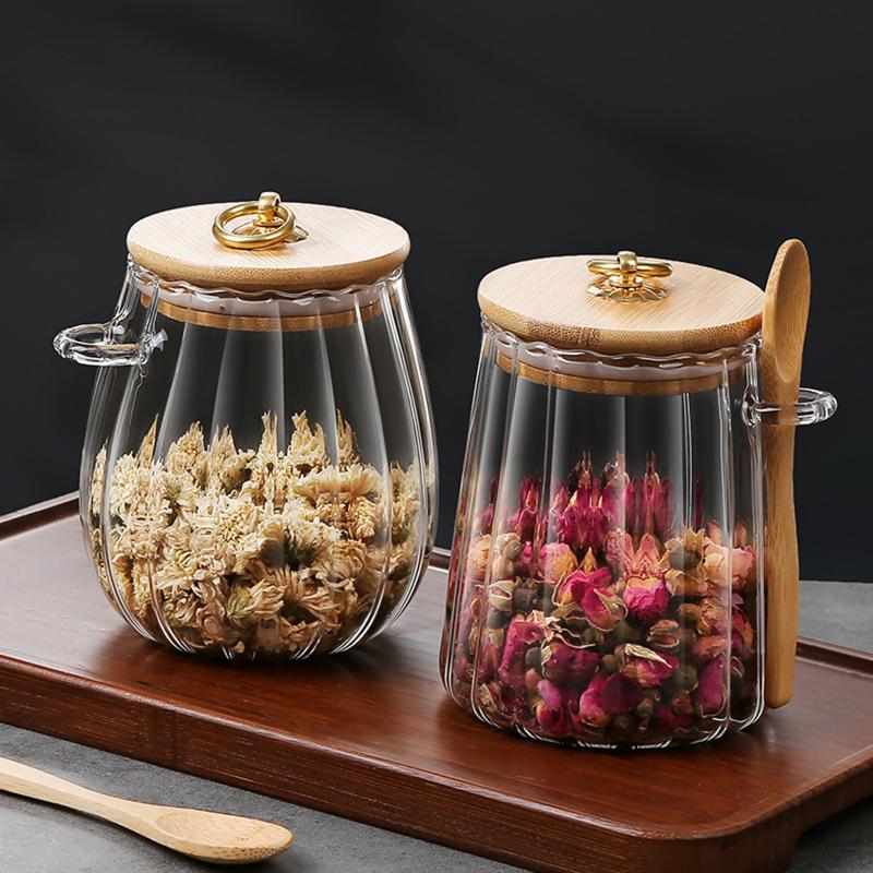 Contenants Alimentaires Hermétiques Pots de Stockage Pot en Verre avec Couvercle et Cuillère Boîte Scellée Boîtes à Sucre Thé Pots à Café Hermétiques Cuisine