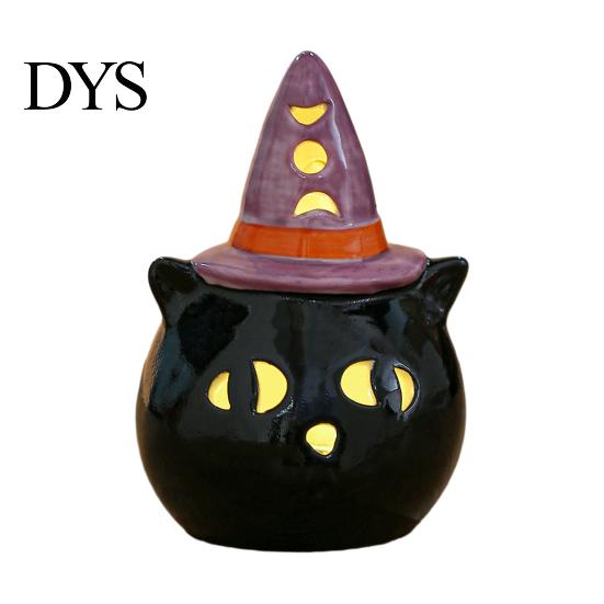 Ceramic Ghost Pumpkin Light Halloween Tealight Holder, Lighted Figurine with Indoor Party Atmosphere Lamp Witch Hat, Tiered Tray Tabletop Decor