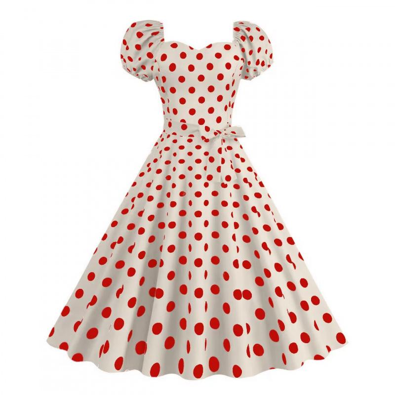 Women Polka Dot Square Neck Bubble Sleeve Bow Tie A Line Midi Dress Multi Colors