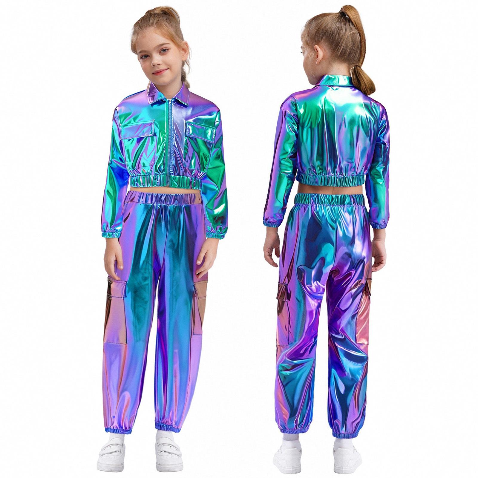 

Блискучий танцювальний костюм для дівчаток і хлопчиків, металевий піджак з відкладним коміром і довгими рукавами та блискучі штани для джазових змагань 5-6 Years синій