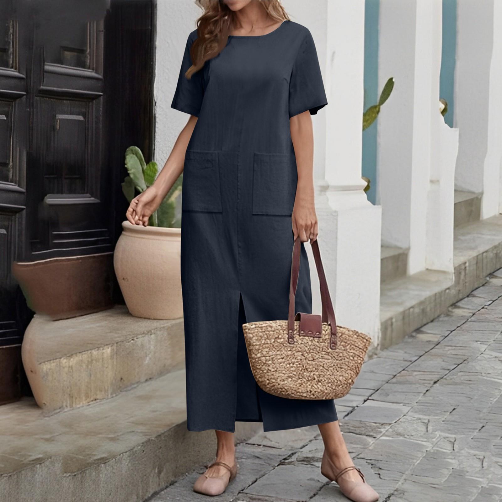 

Женское модное платье из хлопка и льна, однотонное, свободное, с круглым вырезом и коротким рукавом XL