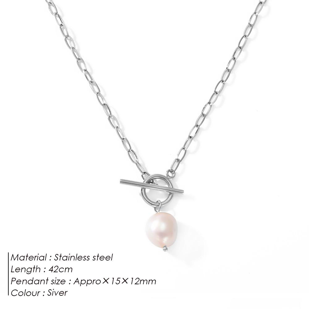 EManco 100% Natural Freshwater Pearl Necklace Gold Plated Link Chain Pearl Necklace OT Buckle 316L Stainless Steel Jewelry 42CM