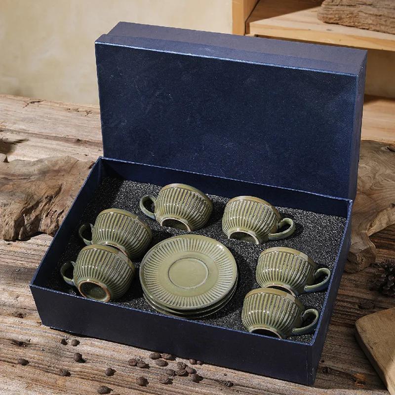 90CC Retro Espresso Cup 6 Cup 6 Plate Set Ceramic  Plate Coffee Shop Afternoon Tea Cup Gift Box Wholesale