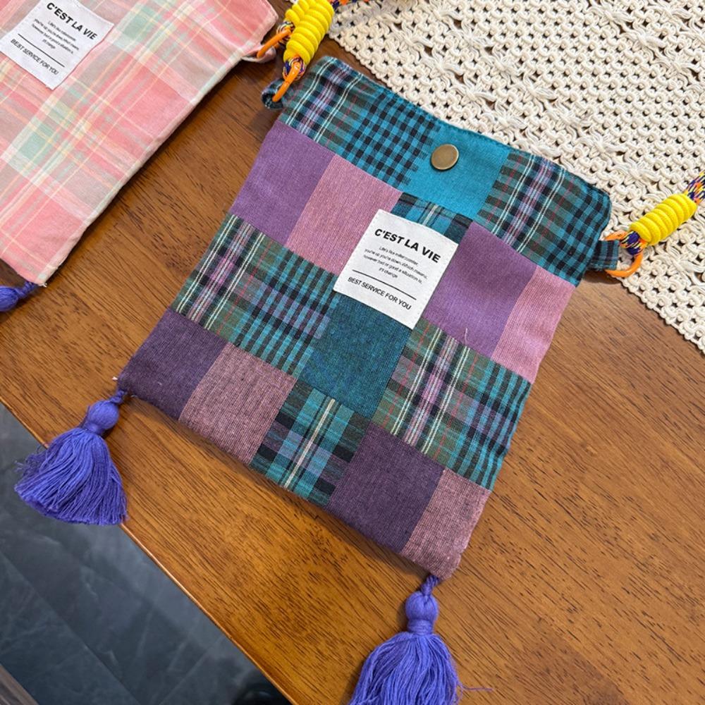 Retro Plaid Canvas Bag Cloth Bohemian Messenger Bag Casual Tassel Shoulder Bag  Travel Style 2