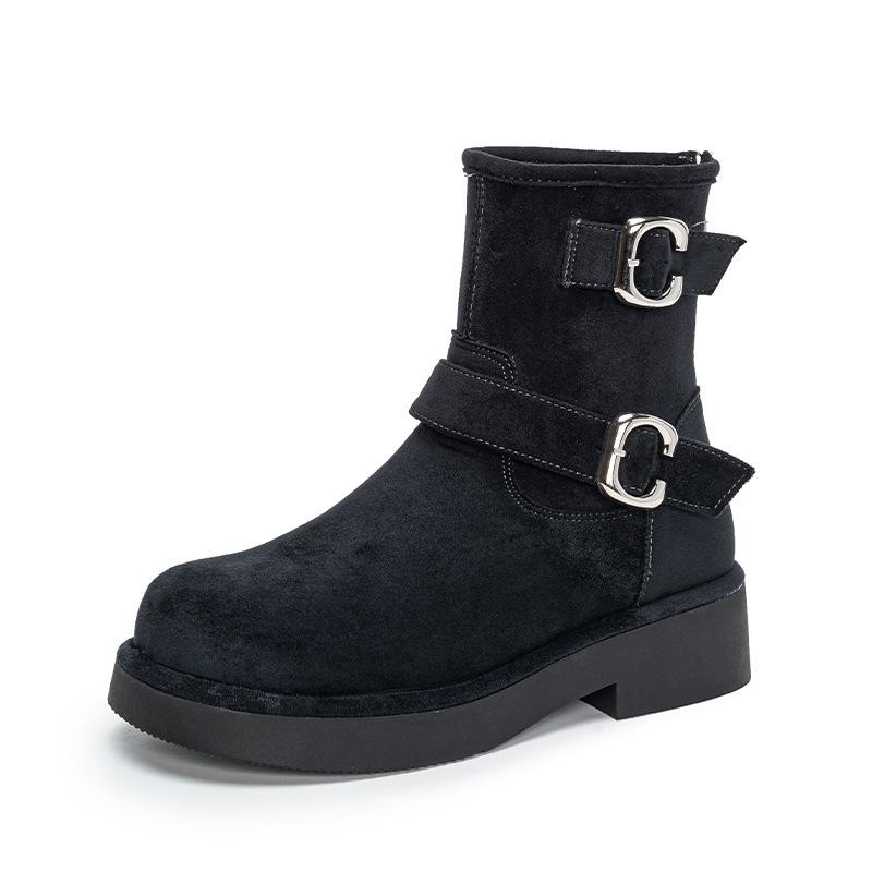 New retro locomotive buckle with round head thick sole heightening medium tube short boots for women in autumn and winter