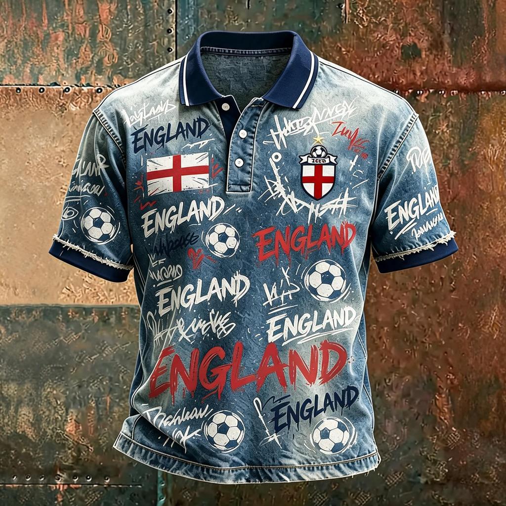 Camiseta Polo Estampada de Fútbol de Inglaterra para Hombre Corte Clásico Manga Corta Camiseta de Fútbol Ropa Deportiva Casual para Hombre