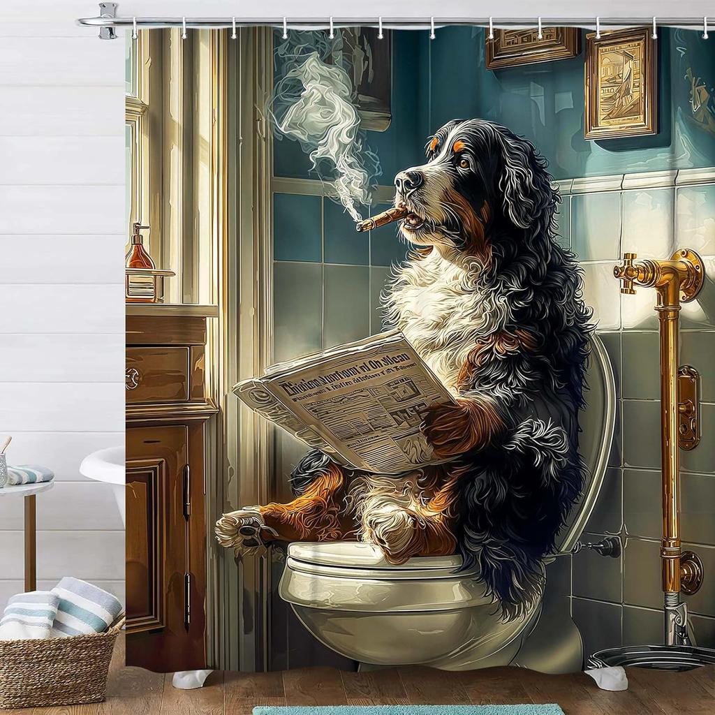 Lustiger Hund Duschvorhang, Berner Sennenhund sitzt auf der Toilette und liest Zeitung, Wasserdichte Polyester Duschvorhang-Sets