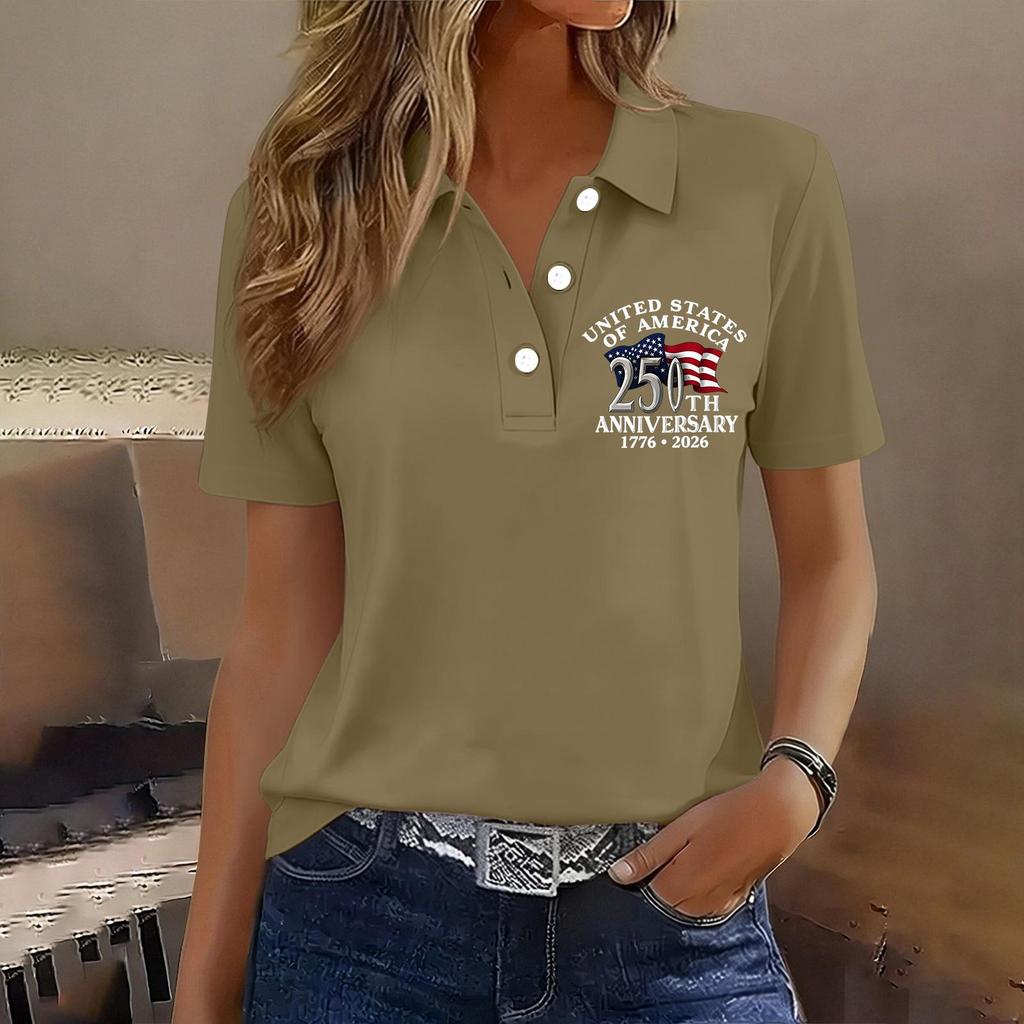 Women's Casual Button Front Short Sleeve Polo Shirt 250th Anniversary United States Printed Top 1776 To 2026 Commemorative Apparel