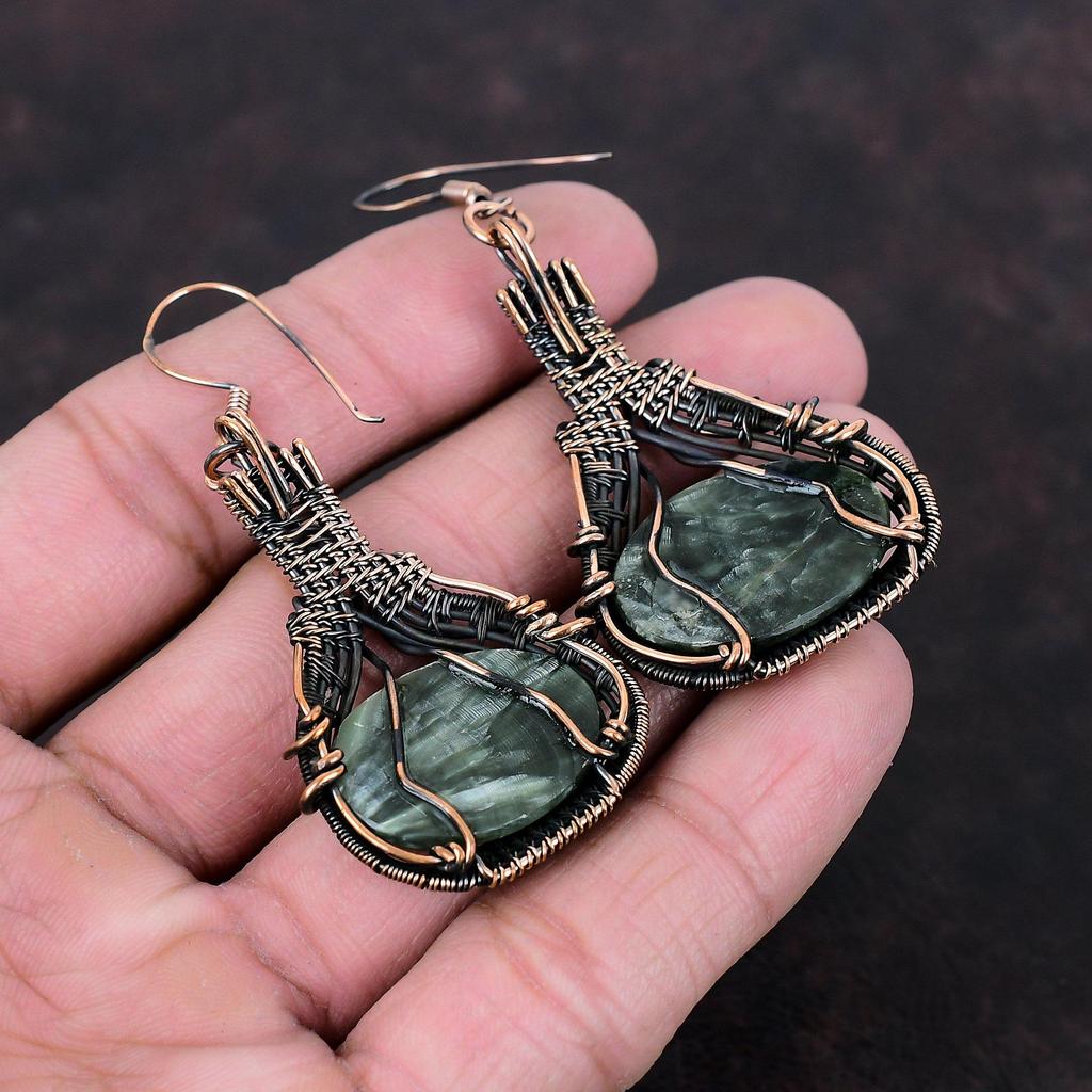Seraphinite Gemstone Earring Copper Wire Wrapped Earring Handmade Earring Copper Jewelry Dangle Earring Gift For Mother Wire Wrapped Jewelry
