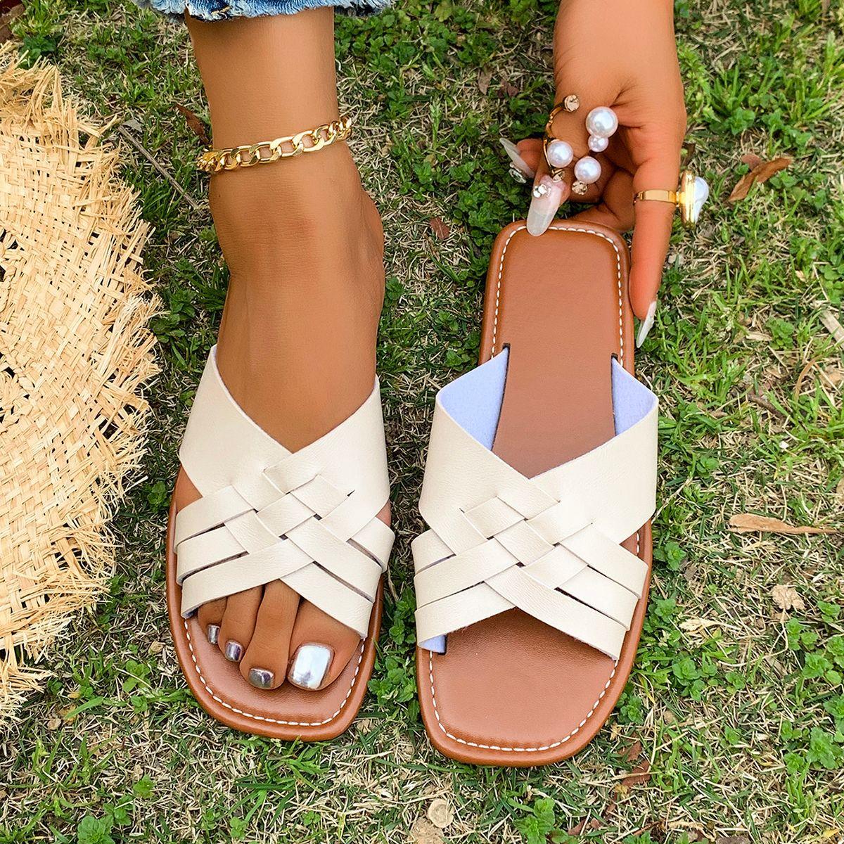 

Носите однословные тапочки женские плетеные с квадратным носком большого размера крутые тапочки пляжные тапочки 43 бежевый