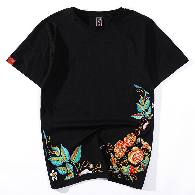 

Guochao Chinese Style Petal Embroidery Loose Fit Couple s T-Shirt M чёрный