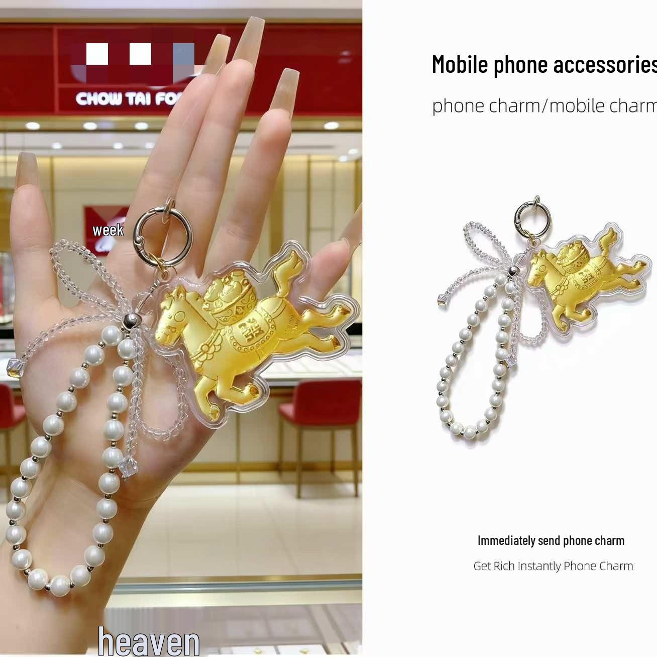 999 Pure Gold Princess Keychain: Bead Chain Pendant & Bag Charm for Good Fortune