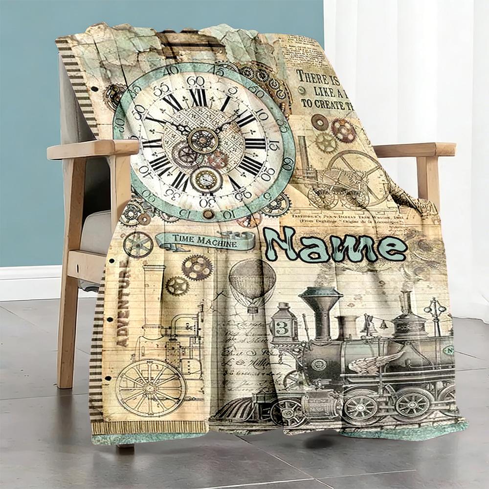 Train Clock Personalized Text Blanket Throw Personalized Blanket Soft & Cozy Suitable for Seaside Nap Bed Home Decor for All Occasions