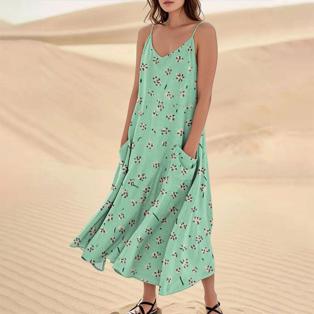 Women's Fashion Casual Floral Print Sleeveless Pocket Long Beach Dress