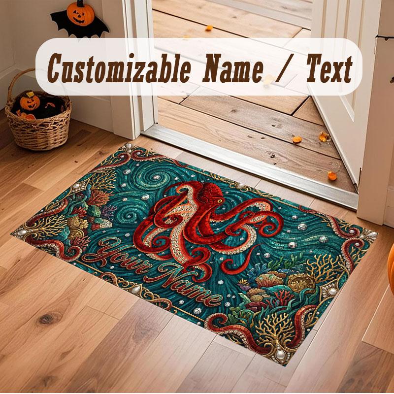 Octopus Sea Life Theme Crystal Velvet Floor Rug Personalized Custom Name Text Warm Carpet Home Decoration