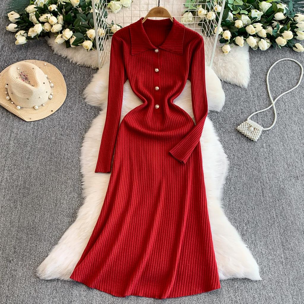 Autumn Winter Women Elegant Polo Collar Knitted Sweater Red Long Midi Pullover Dresses