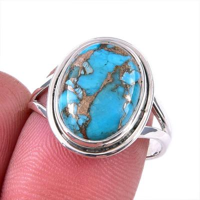 Natural Blue Copper Turquoise Gemstone 925 Solid Sterling Silver Ring S.8 H4u19