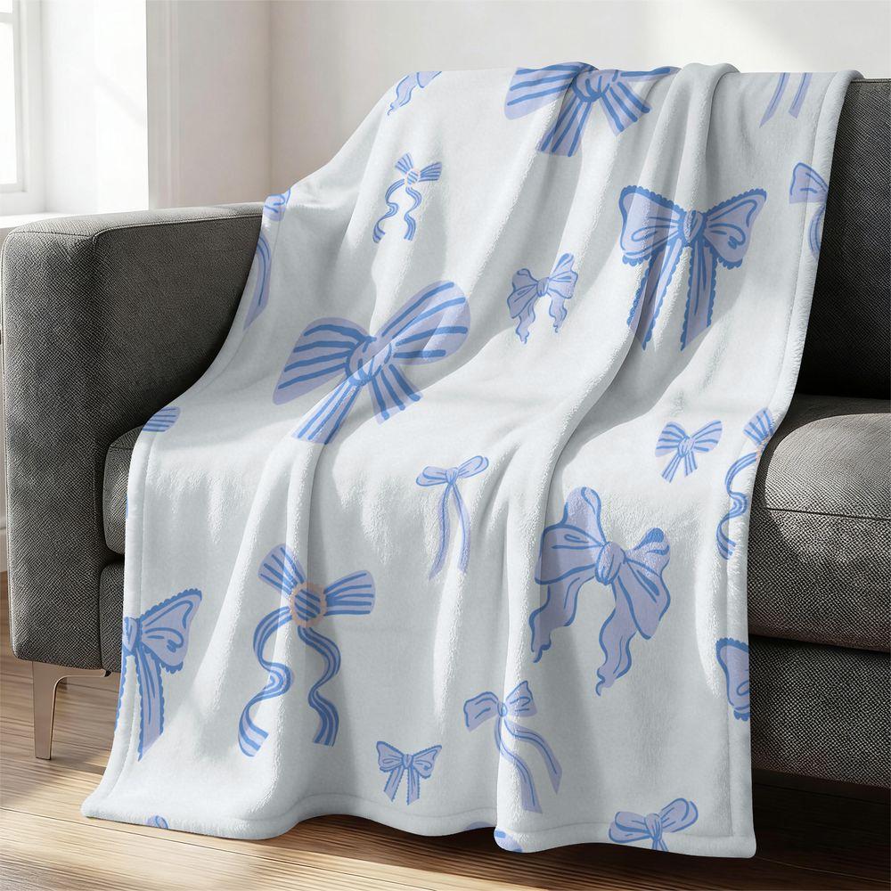 Soft Blue Bow Pattern Flannel Blanket Cute Aesthetic Throw Blanket Cozy Warm Bedding Gift Blanket for Sofa Bed Home Decor 75X95CM