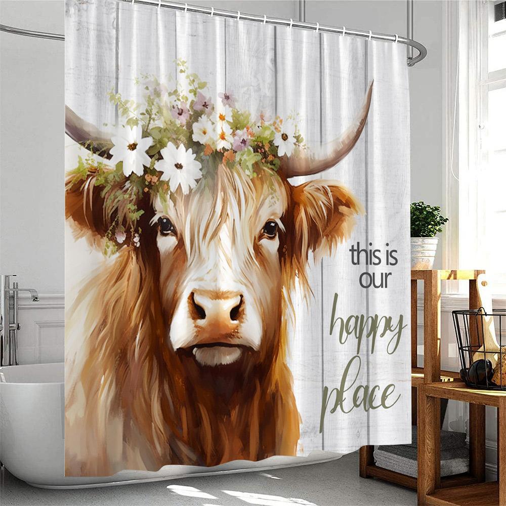 Highland Cow Farmhouse Shower Curtain Country Bathroom Decor Cattle Sunflower Floral Pumpkin Autumn Polyester Bathtub Curtain