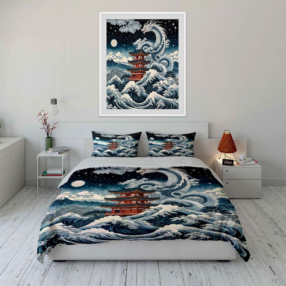 Red Pagoda Dragon And Surging Waves Print Bedding Set 1 Duvet Cover 2 Pillowcases For Adult And Children Luxury Gift Full Size