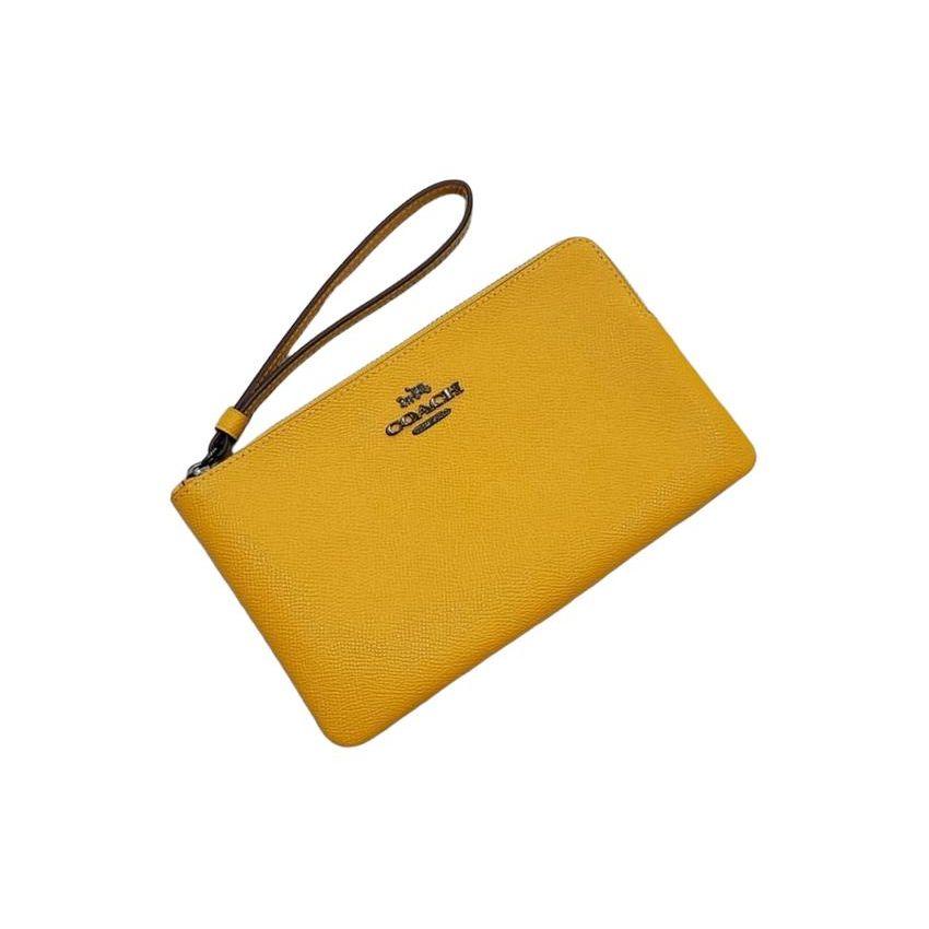 Coach Corner Zip 20 Solid Color Cross Grain Leather Wristlet Clutch Small Women Clutch Candy-Yellow 3888-QBRM1