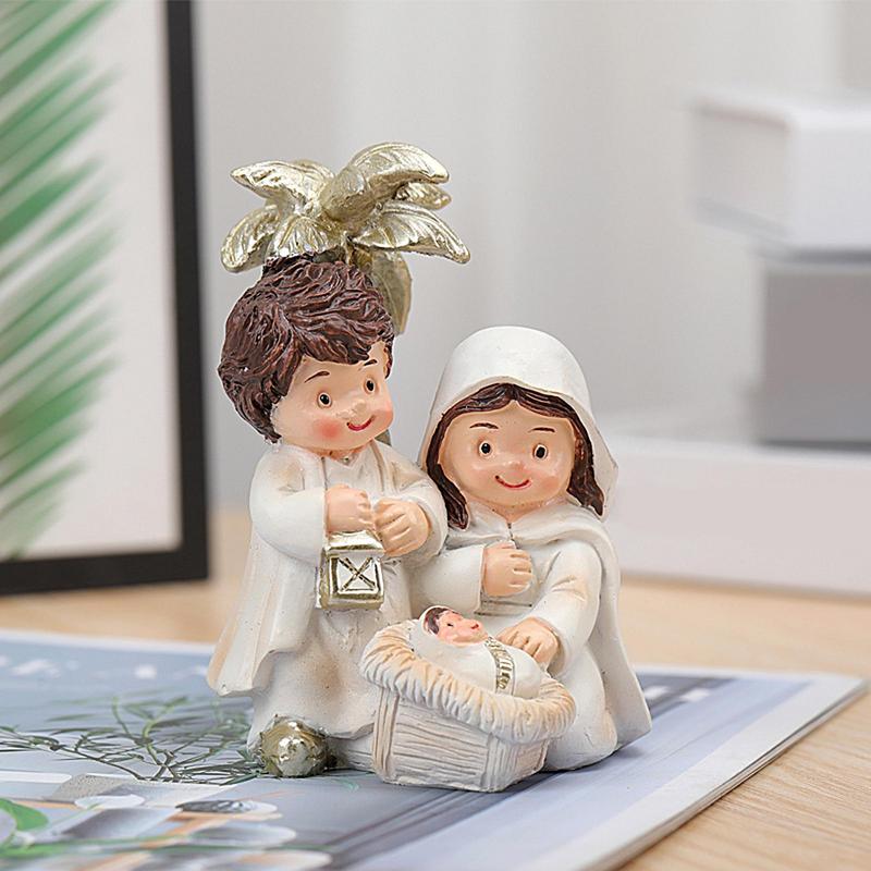 Christmas Nativity Statue Resin Small Manger Scene Set Collectible Figurines Jesus Birth Decorations for Desk Window Decoration